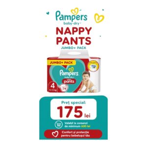 PAMPERS Baby-Dry Nappy Pants nr.4 (9-15kg) 74 buc. Pret special - pentru comanda minima de 600,00 lei (valoarea scutecelor nu se ia in calcul pentru atingerea pragului de 600,00 lei) - LaMiCasa